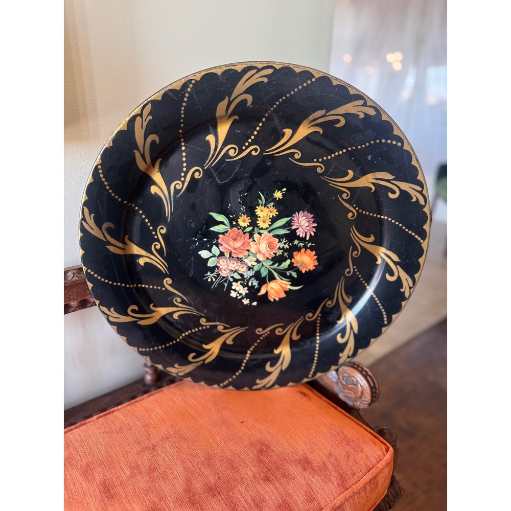Vintage Toleware Metal Serving Tray Large 19"  Round Black Gold Floral Platter